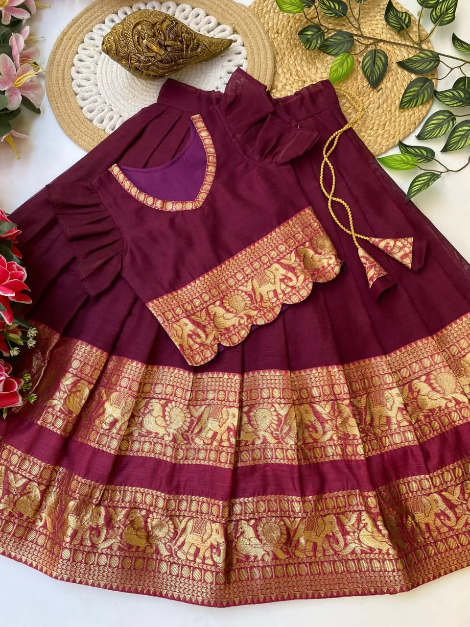 Kids Narayanpet Silk Lehenga - Wine