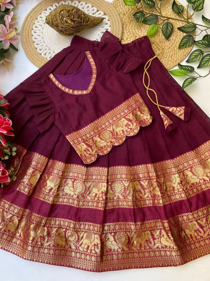 Kids Narayanpet Silk Lehenga - Wine