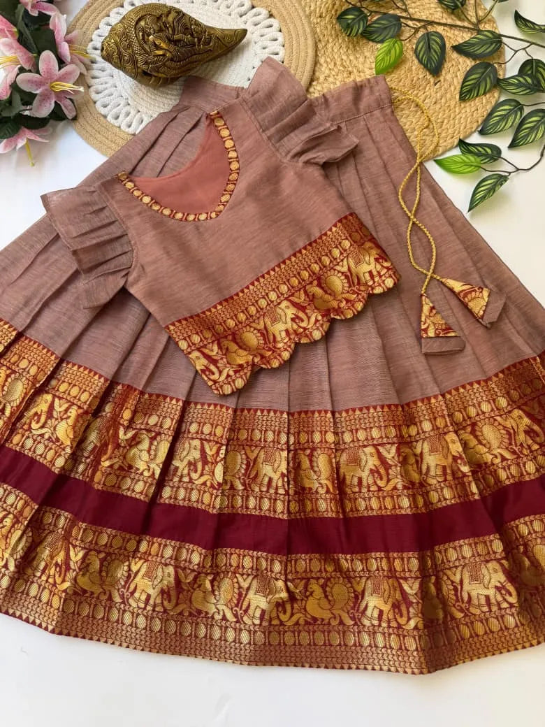 Kids Narayanpet Silk Lehenga - Brown