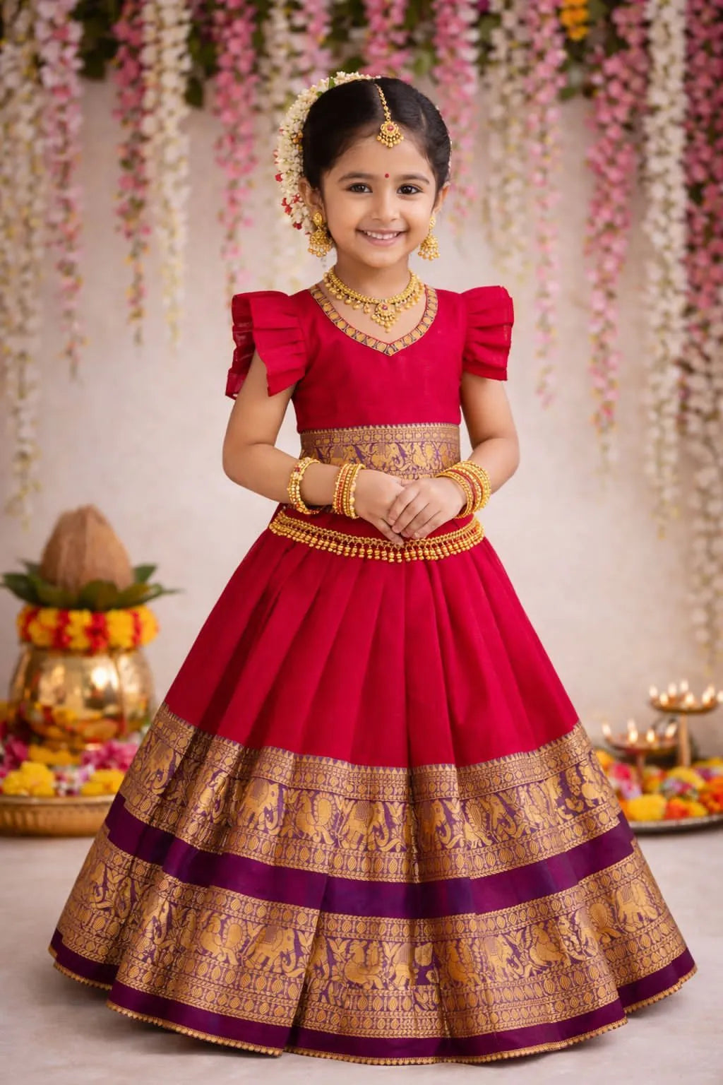 Kids Narayanpet Silk Lehenga - Cherry Red