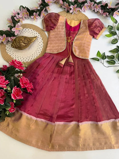Kids Kanjivaram Tissue Silk Gown - Pink