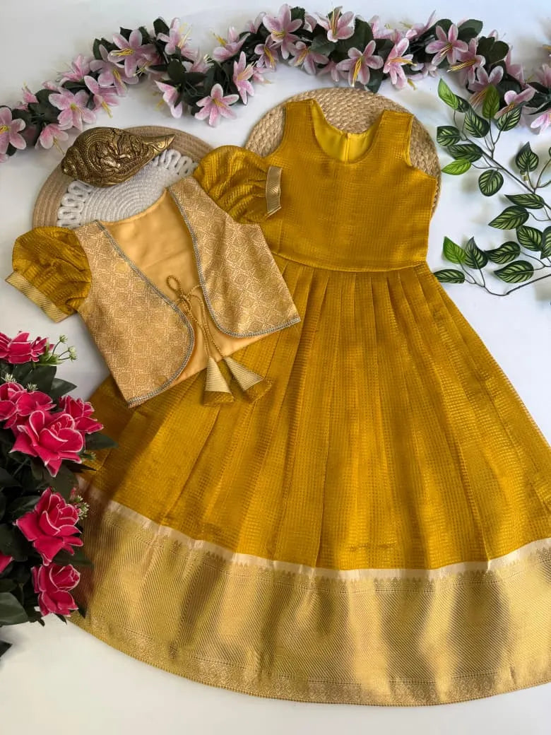 Kids Kanjivaram Tissue Silk Gown - Yellow