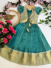 Kids Kanjivaram Tissue Silk Gown - Sky