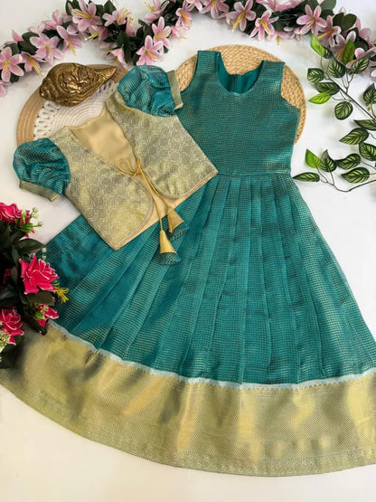 Kids Kanjivaram Tissue Silk Gown - Sky