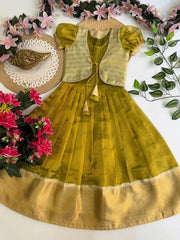 Kids Kanjivaram Tissue Silk Gown - Parrot
