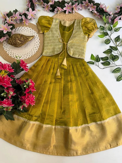 Kids Kanjivaram Tissue Silk Gown - Parrot