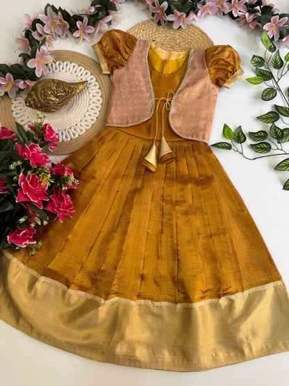 Kids Kanjivaram Tissue Silk Gown - Mustard