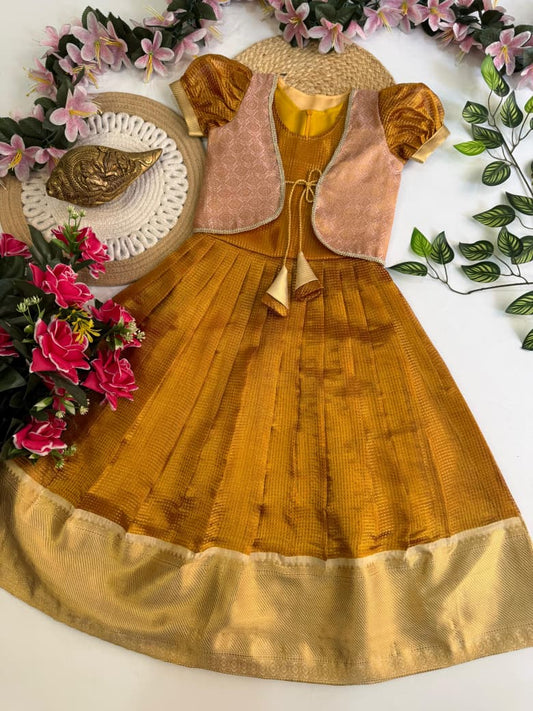 Kids Kanjivaram Tissue Silk Gown - Mustard