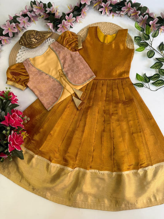 Kids Kanjivaram Tissue Silk Gown - Mustard