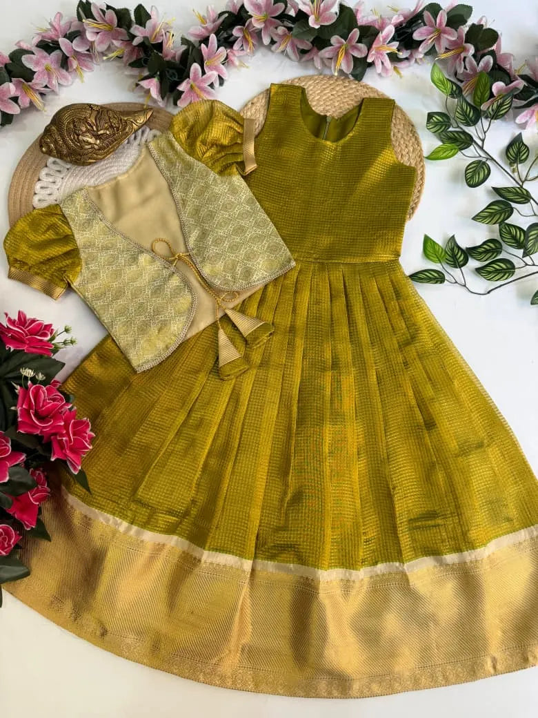 Kids Kanjivaram Tissue Silk Gown - Parrot