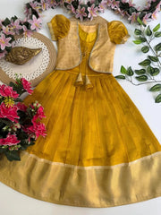 Kids Kanjivaram Tissue Silk Gown - Yellow