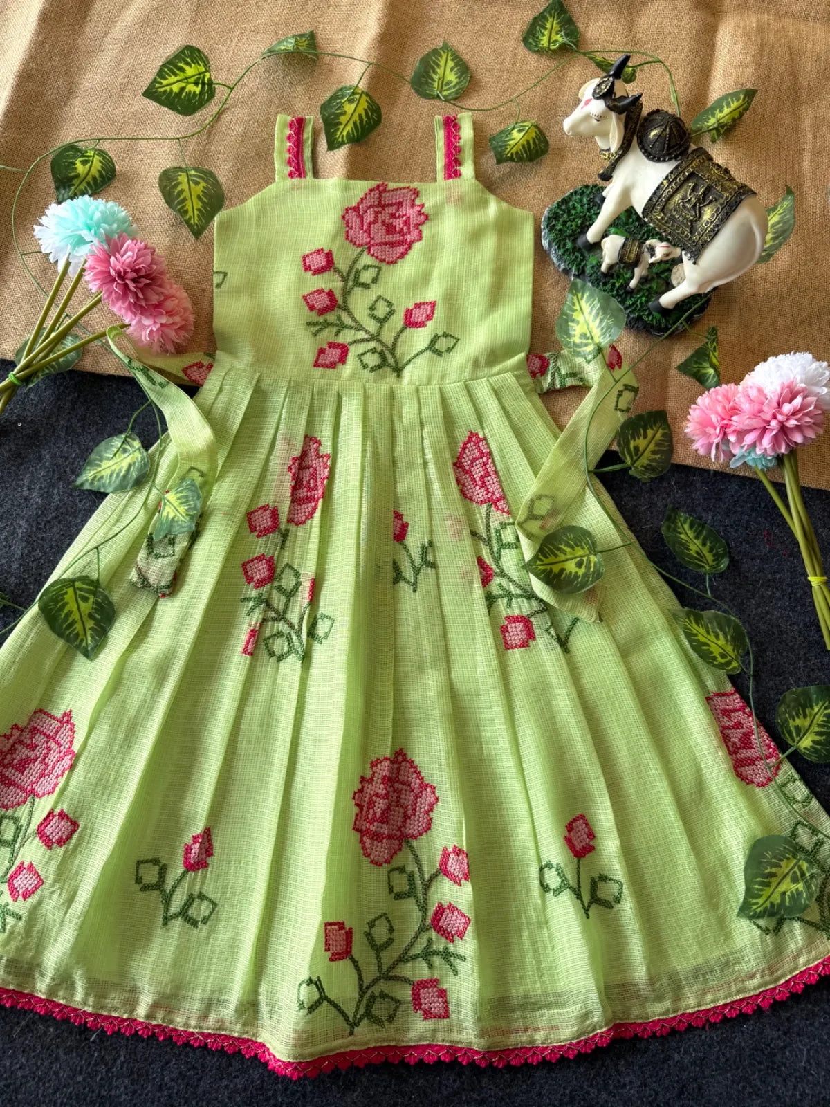 Summer Friendly Kota  Cross Stitch Work Gown - Pista
