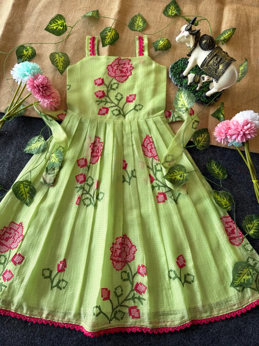 Summer Friendly Kota  Cross Stitch Work Gown - Pista