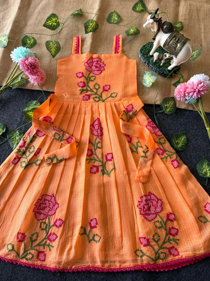 Summer Friendly Kota Cross Stitch Work Gown - Orange