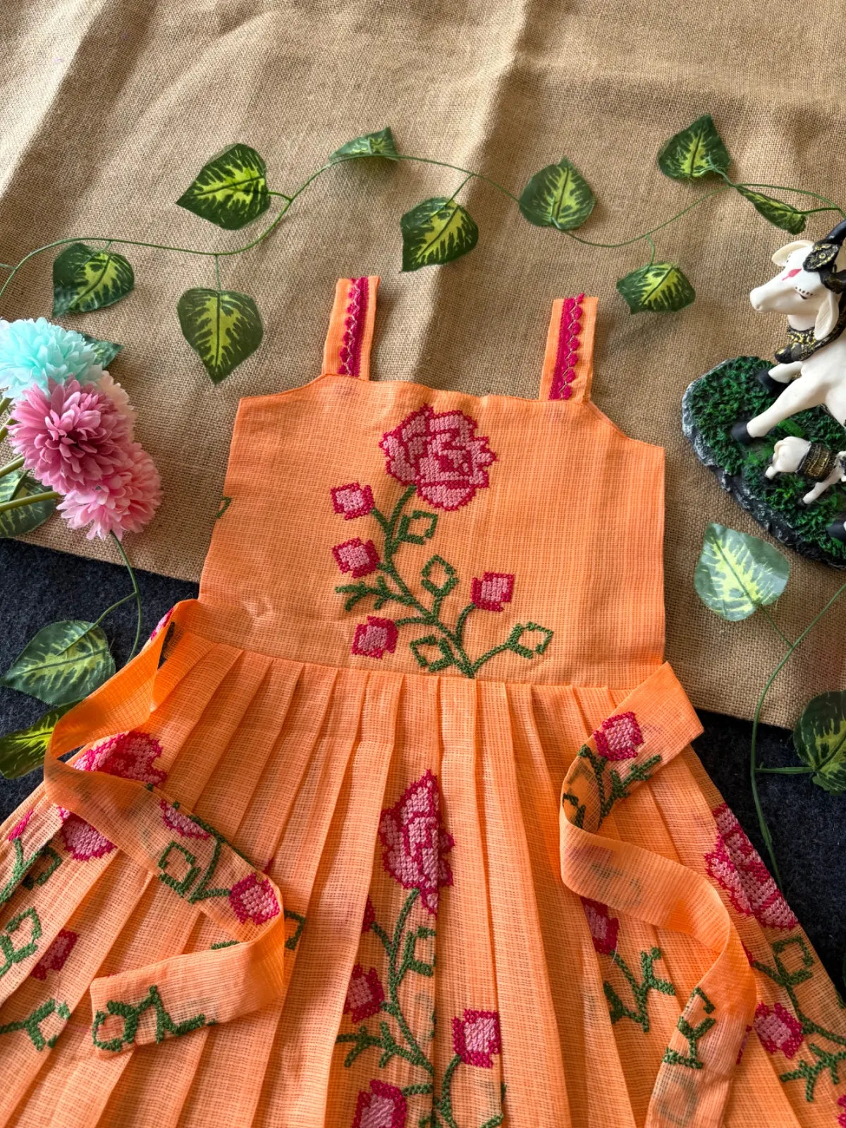 Summer Friendly Kota Cross Stitch Work Gown - Orange