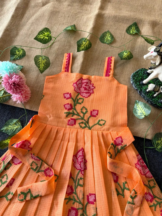 Summer Friendly Kota Cross Stitch Work Gown - Orange