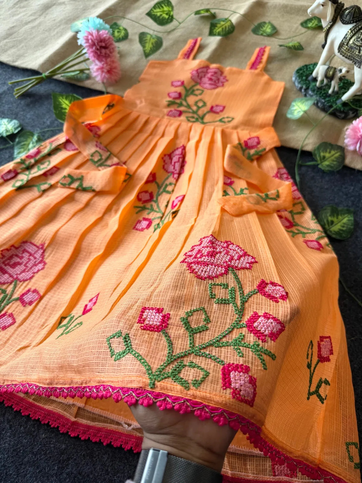 Summer Friendly Kota Cross Stitch Work Gown - Orange