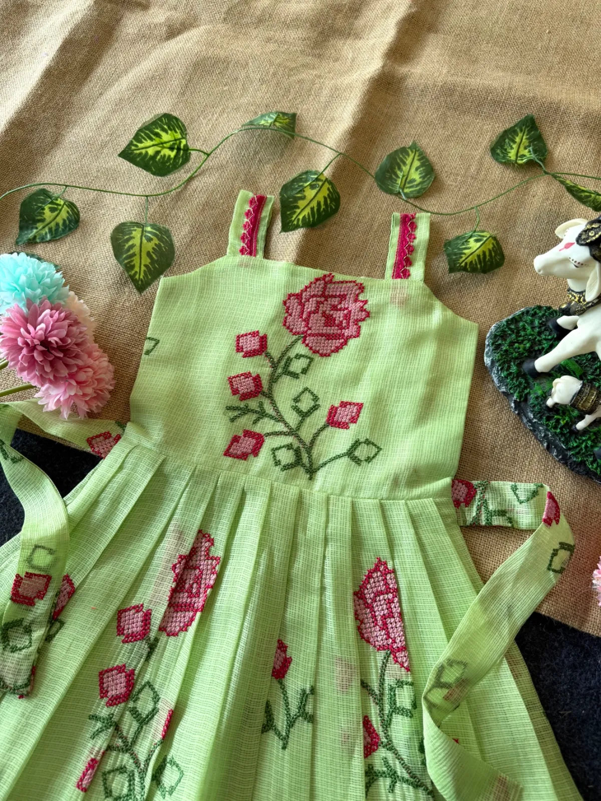 Summer Friendly Kota  Cross Stitch Work Gown - Pista