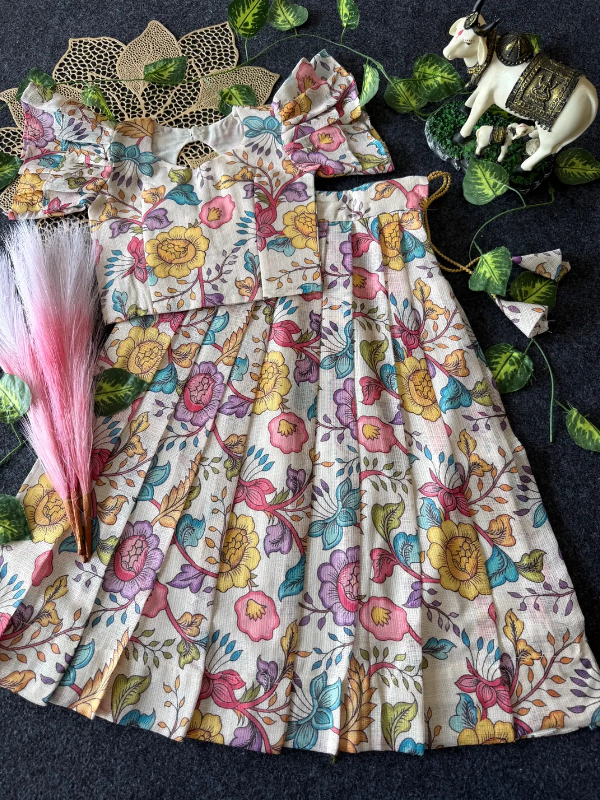 Kota Chex Kalamakari Kids Lehenga - Cream