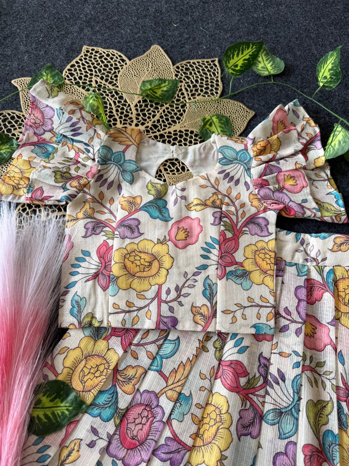 Kota Chex Kalamakari Kids Lehenga - Cream