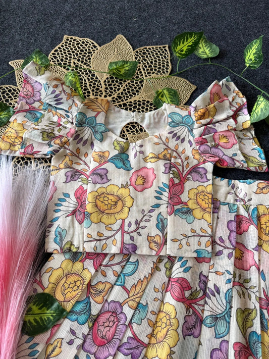 Kota Chex Kalamakari Kids Lehenga - Cream