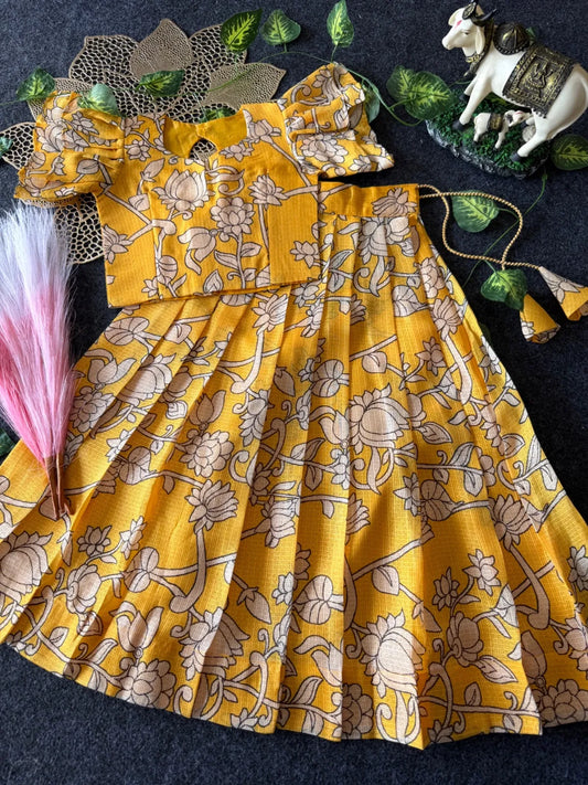 Kota Chex Kalamakari Kids Lehenga - Yellow