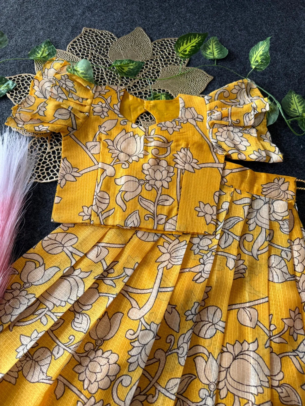 Kota Chex Kalamakari Kids Lehenga - Yellow