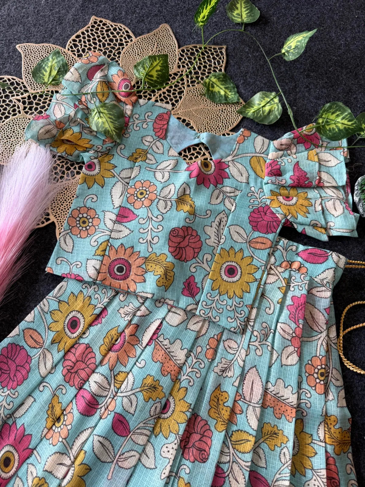 Kota Chex Kalamakari Kids Lehenga - Sky