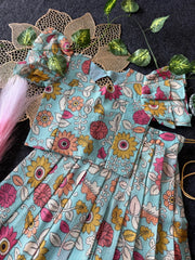 Kota Chex Kalamakari Kids Lehenga - Sky