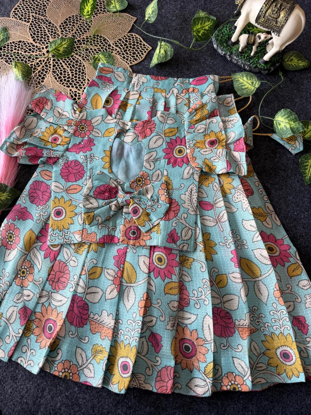 Kota Chex Kalamakari Kids Lehenga - Sky
