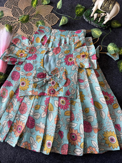 Kota Chex Kalamakari Kids Lehenga - Sky
