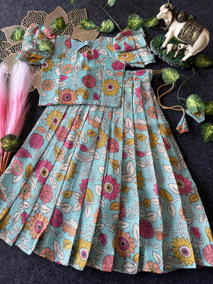 Kota Chex Kalamakari Kids Lehenga - Sky