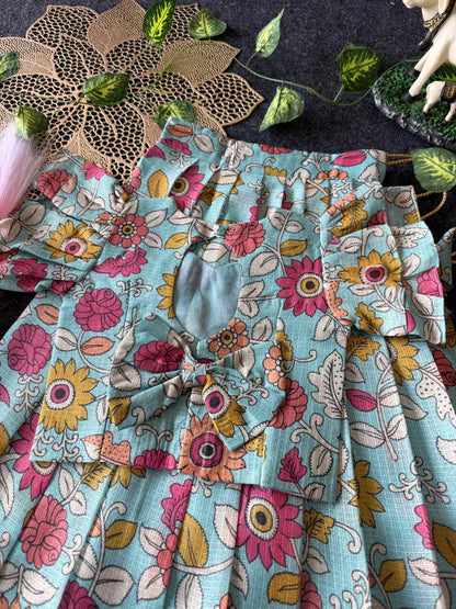 Kota Chex Kalamakari Kids Lehenga - Sky