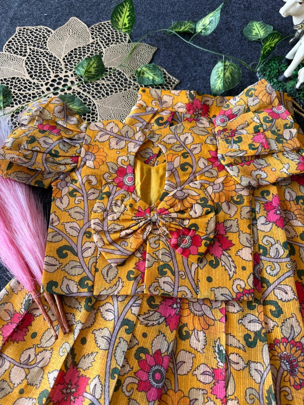 Kota Chex Kalamakari Kids Lehenga - Mustard