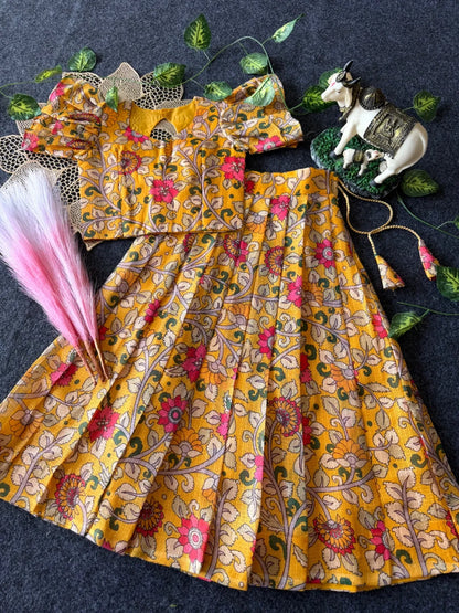 Kota Chex Kalamakari Kids Lehenga - Mustard