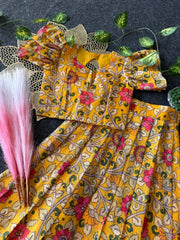 Kota Chex Kalamakari Kids Lehenga - Mustard