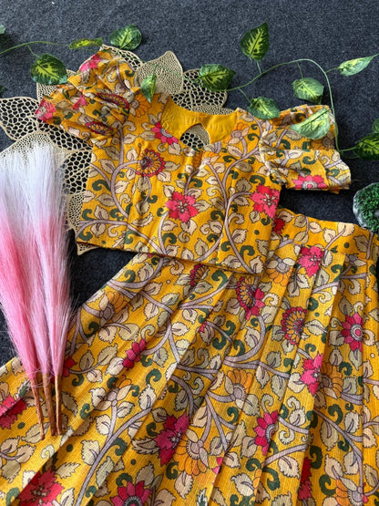 Kota Chex Kalamakari Kids Lehenga - Mustard
