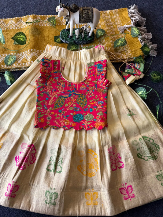 Designer Wedding Soft Tissue Lehenga & Scallop Gaji Silk Blouse - Cream