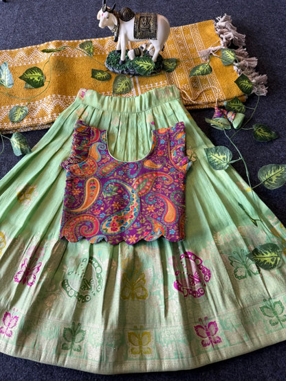 Designer Wedding Soft Tissue Lehenga & Scallop Gaji Silk Blouse - Pista