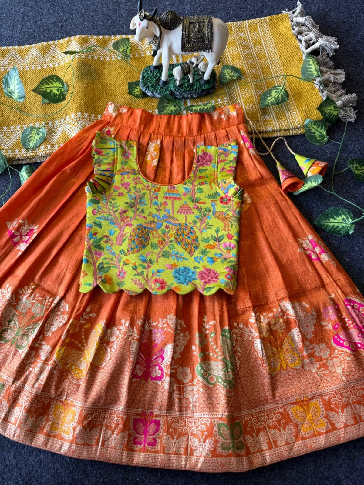 Designer Wedding Soft Tissue Lehenga & Scallop Gaji Silk Blouse - Orange