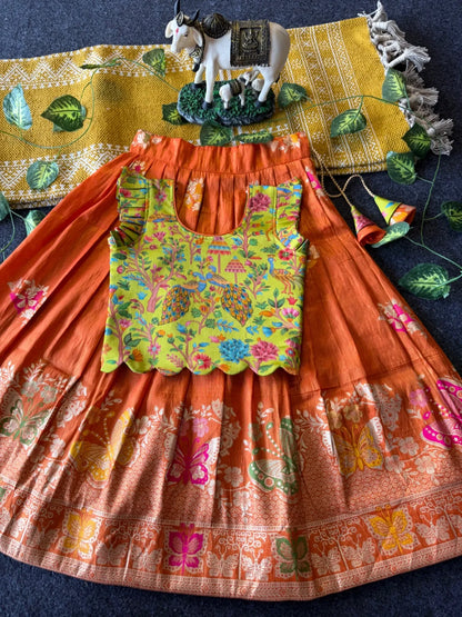 Designer Wedding Soft Tissue Lehenga & Scallop Gaji Silk Blouse - Orange