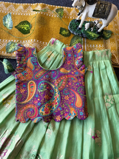 Designer Wedding Soft Tissue Lehenga & Scallop Gaji Silk Blouse - Pista