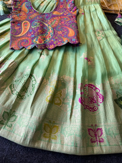 Designer Wedding Soft Tissue Lehenga & Scallop Gaji Silk Blouse - Pista