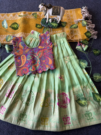 Designer Wedding Soft Tissue Lehenga & Scallop Gaji Silk Blouse - Pista