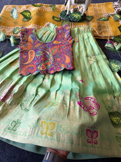Designer Wedding Soft Tissue Lehenga & Scallop Gaji Silk Blouse - Pista
