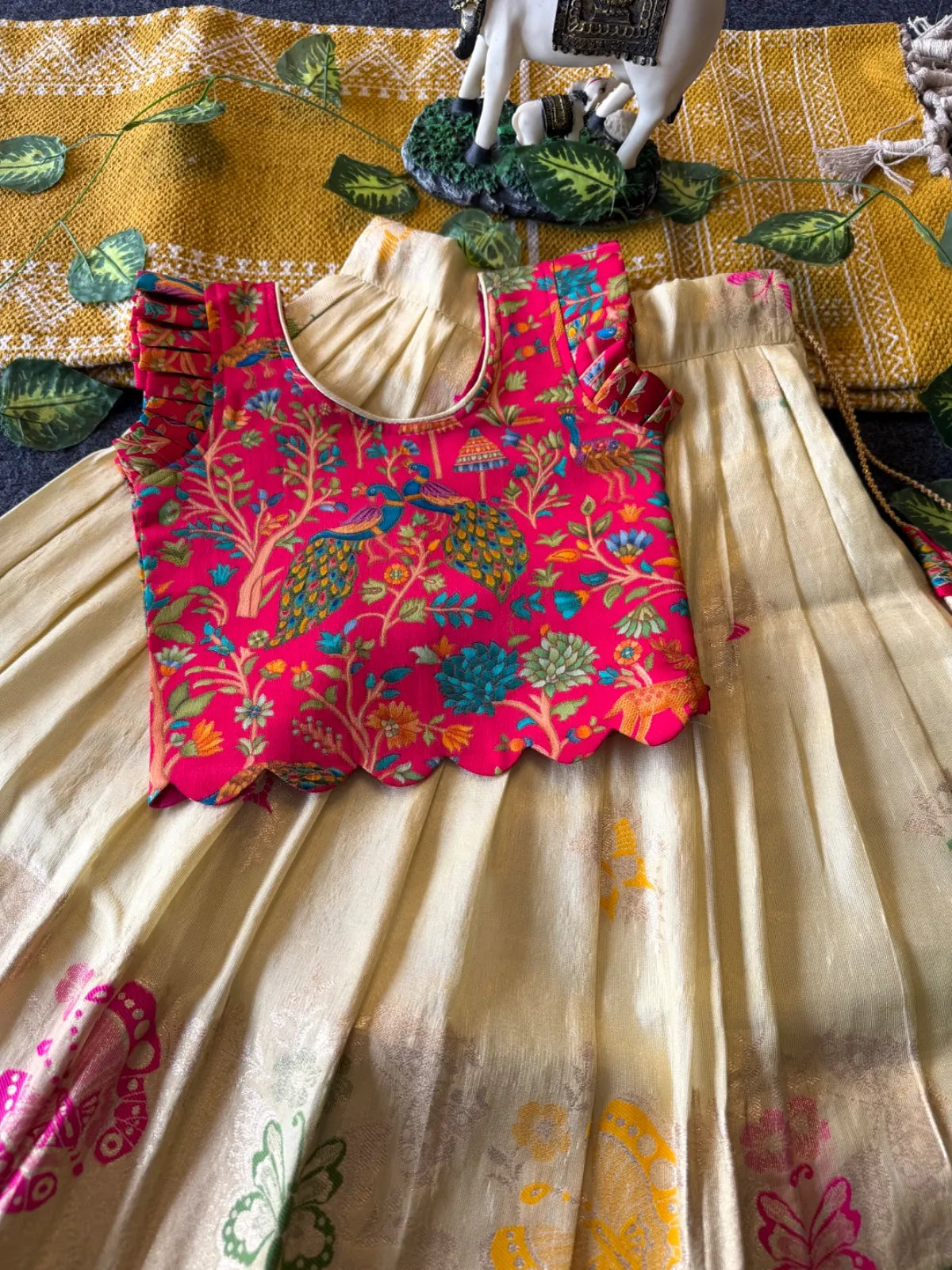 Designer Wedding Soft Tissue Lehenga & Scallop Gaji Silk Blouse - Cream