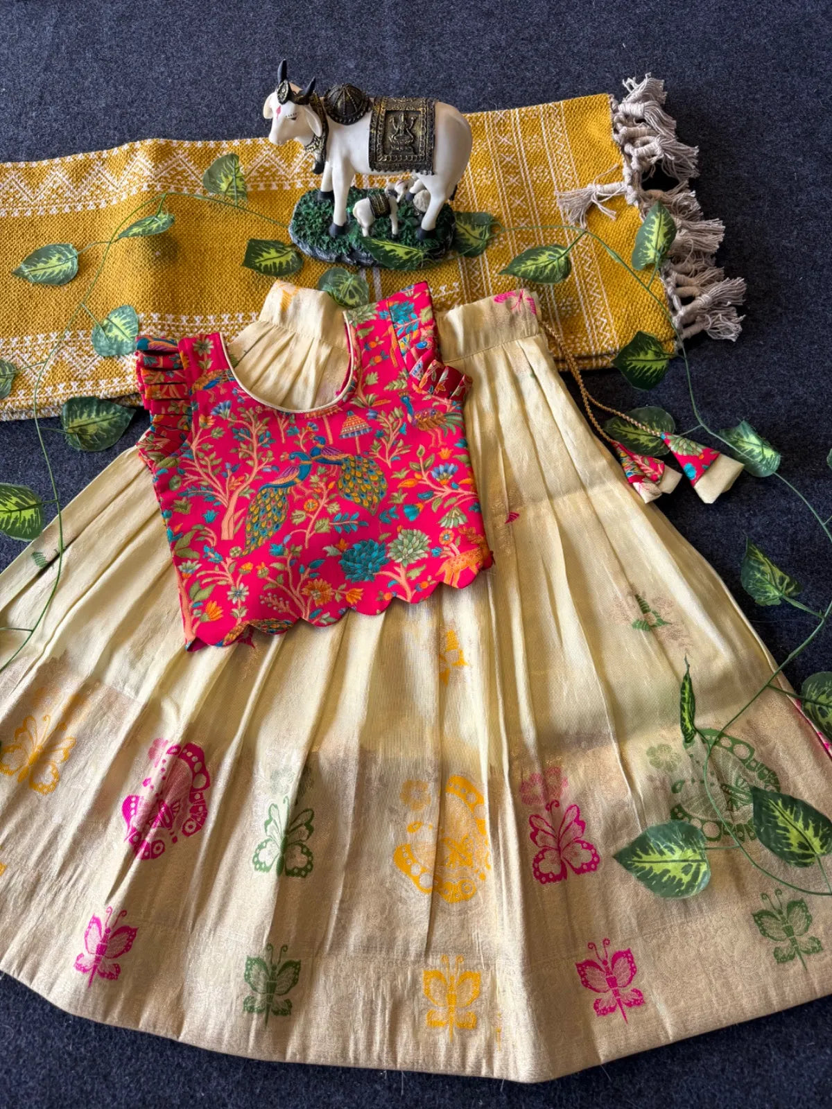 Designer Wedding Soft Tissue Lehenga & Scallop Gaji Silk Blouse - Cream
