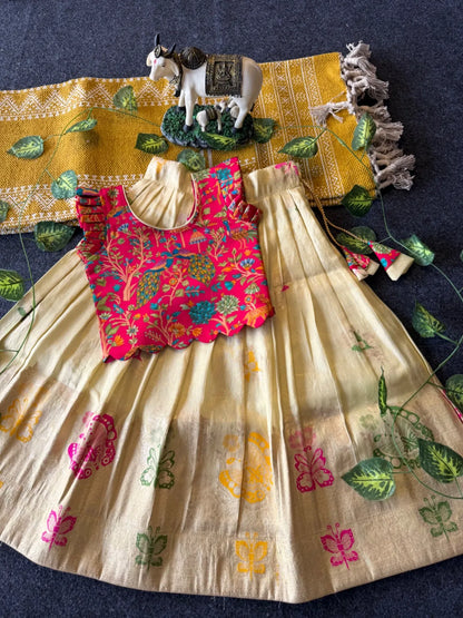 Designer Wedding Soft Tissue Lehenga & Scallop Gaji Silk Blouse - Cream