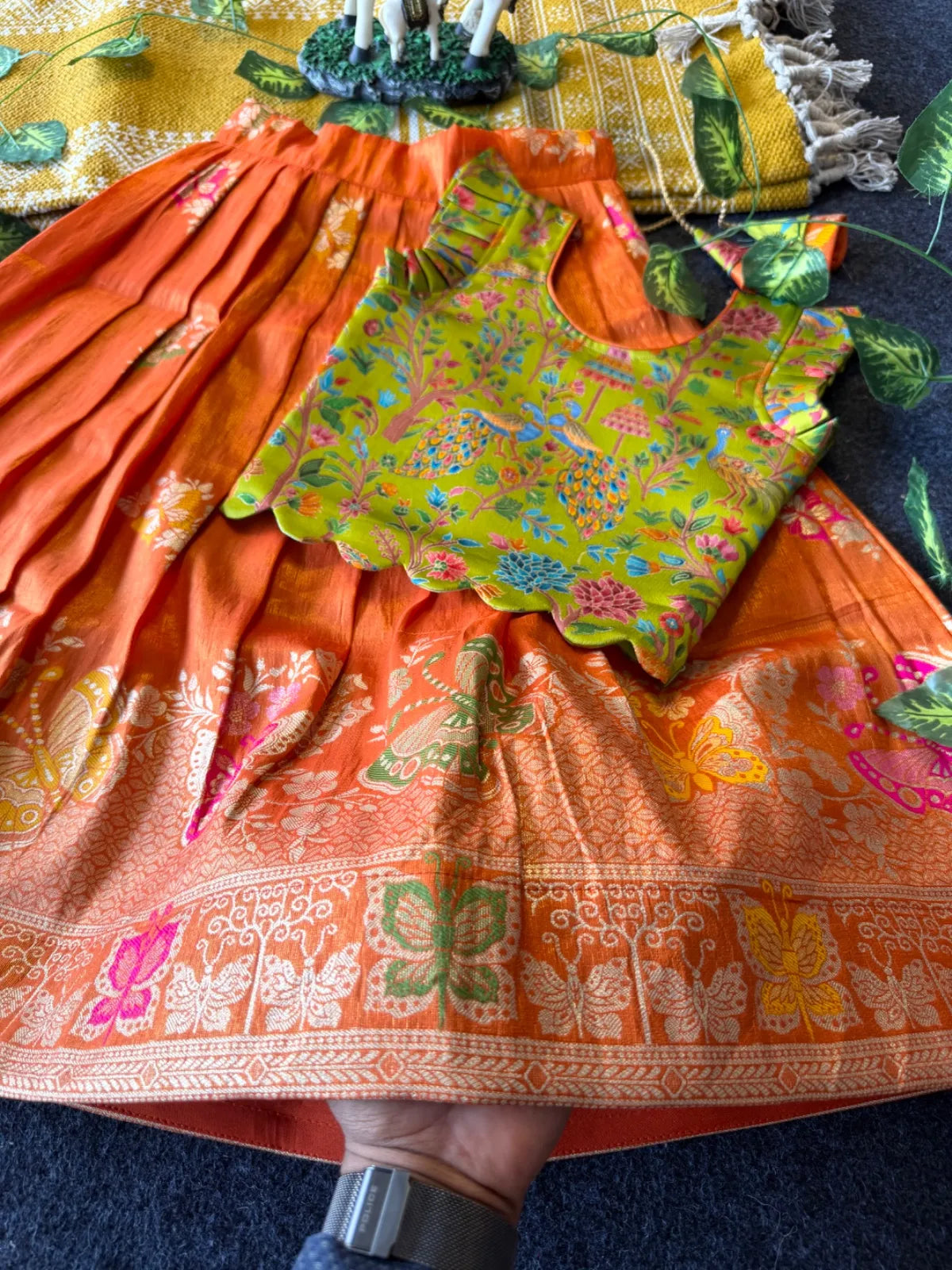 Designer Wedding Soft Tissue Lehenga & Scallop Gaji Silk Blouse - Orange