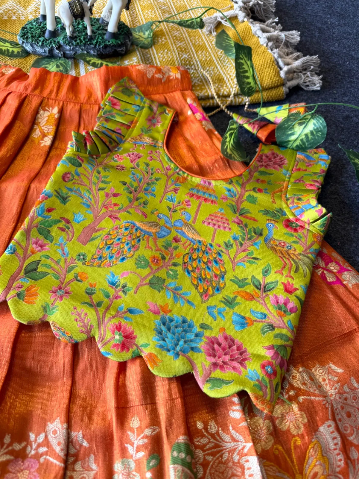 Designer Wedding Soft Tissue Lehenga & Scallop Gaji Silk Blouse - Orange